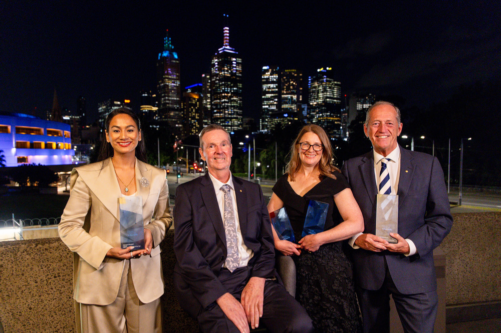 Photo of Aishwarya Kansakar, Neale Daniher AO, Jasmine Hirst, Dr Peter Brukner OAM